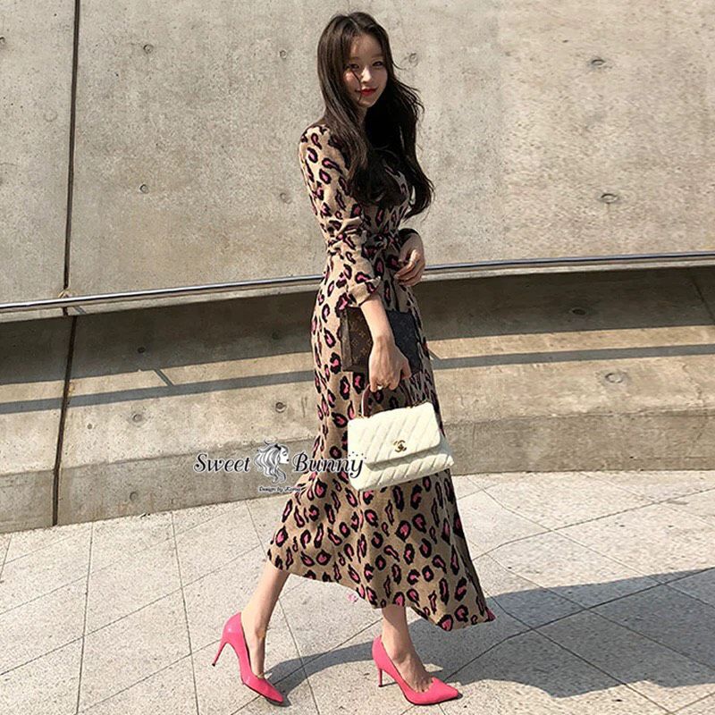 เดรสสีน้ำตาลพิมพ์ลายเสือสีชมพูสวยหวานน่ารัก