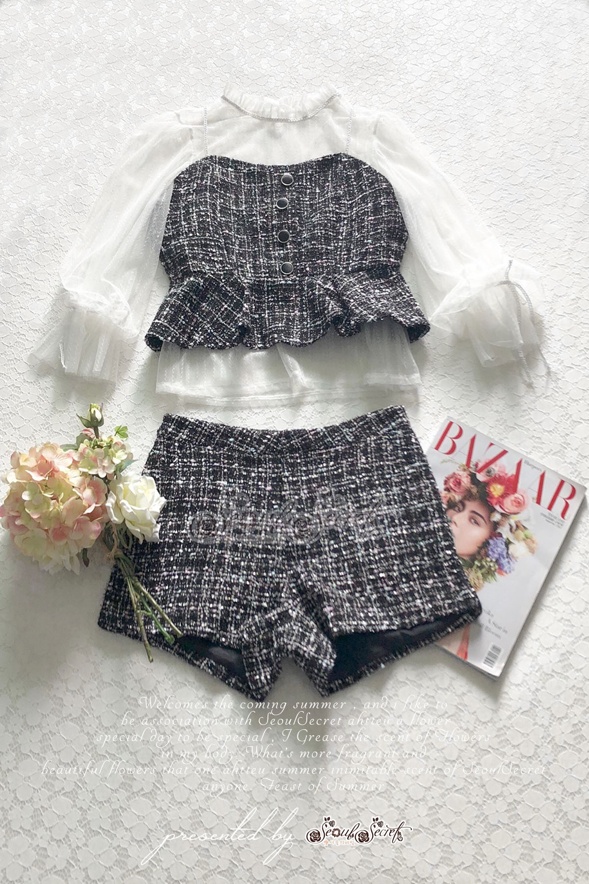 เสื้อคอตั้งจับจีบผ้าทอลายเส้นบางๆ