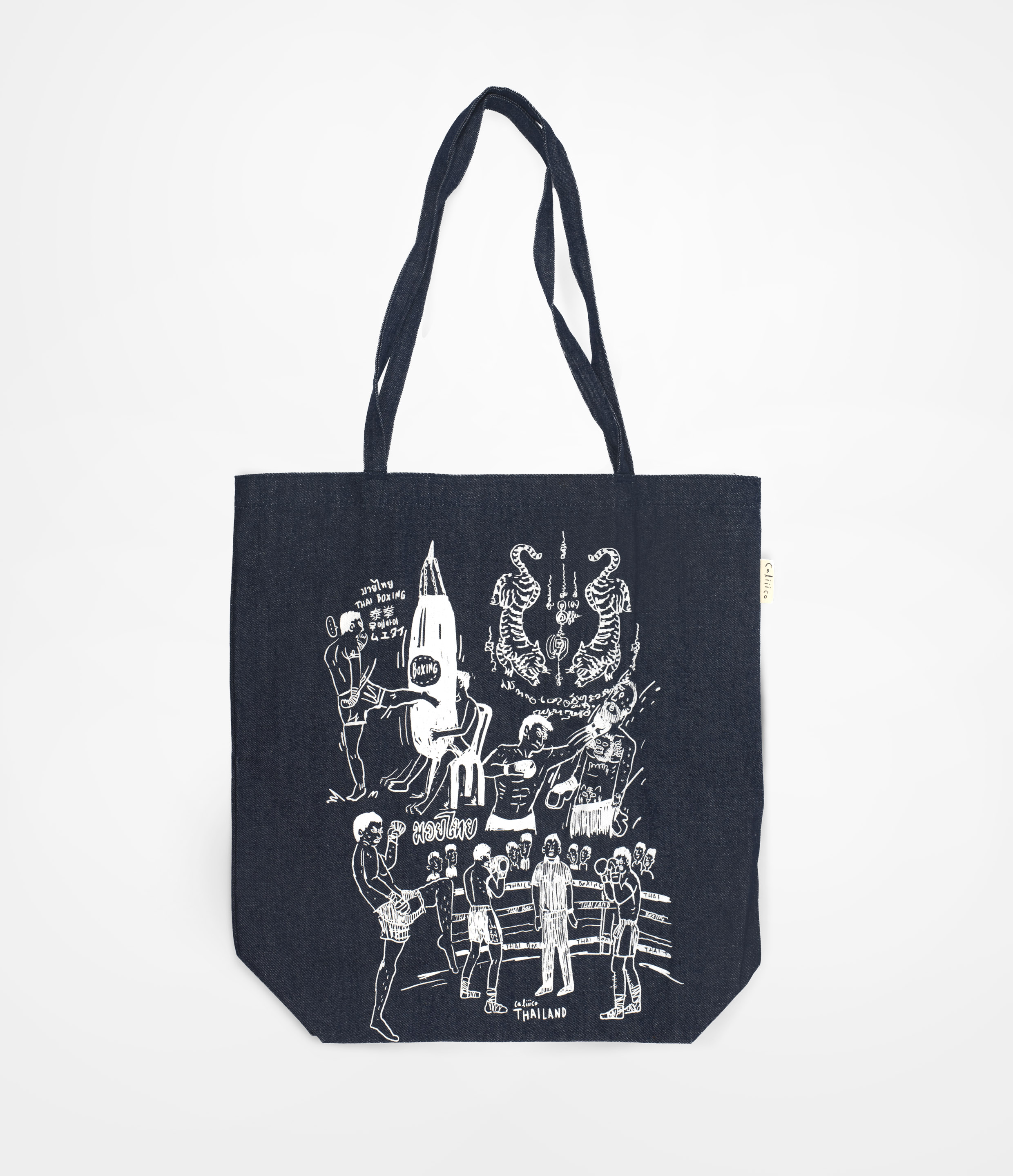 caliiicoกระเป๋าสะพายผ้ายีนส์ ลายไทยแลนด์ Tote denim Thai boxing camp