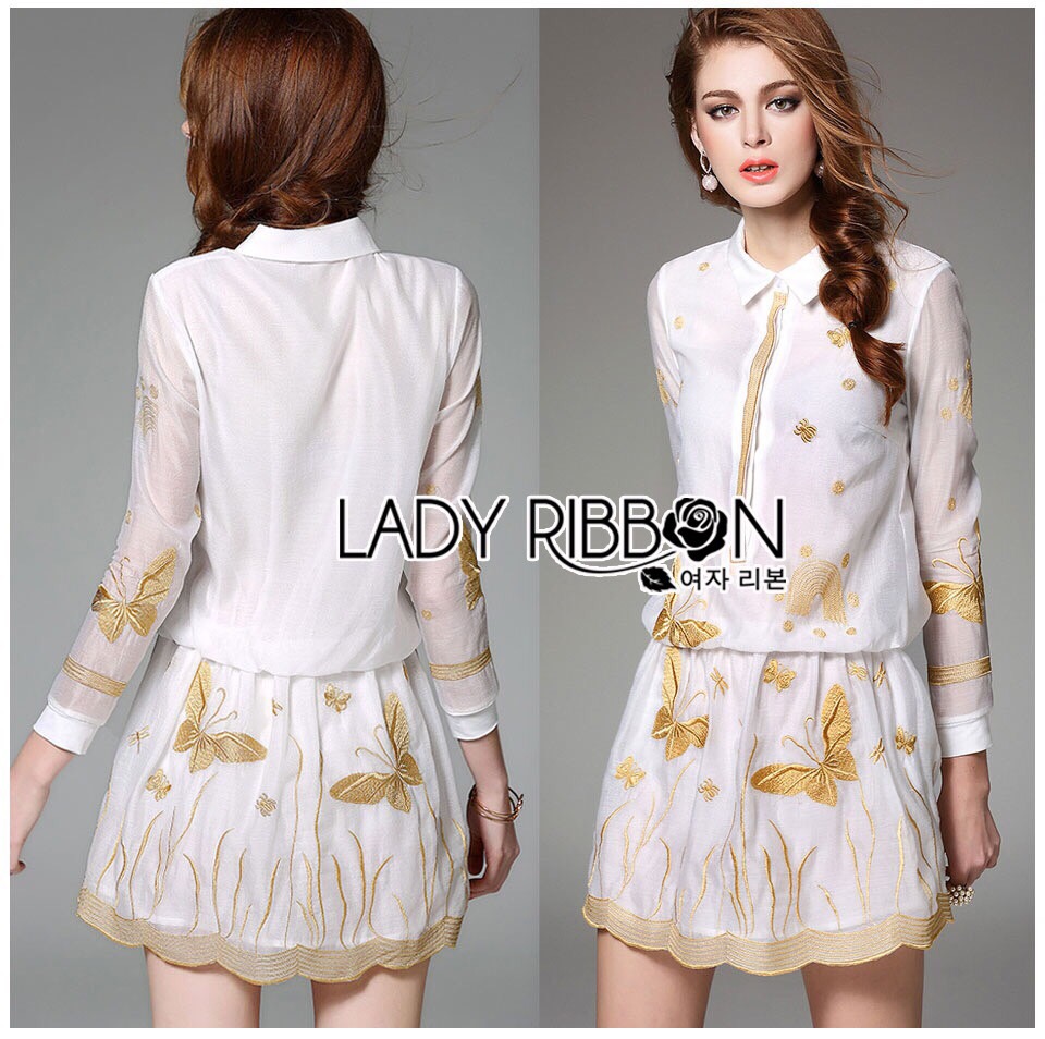 Lady Ribbon Online LR20130616 🎀 Lady Ribbon's Made 🎀 Lady Paula Feminine Butterfly Embroidered Silk Cotton Shirt Dress