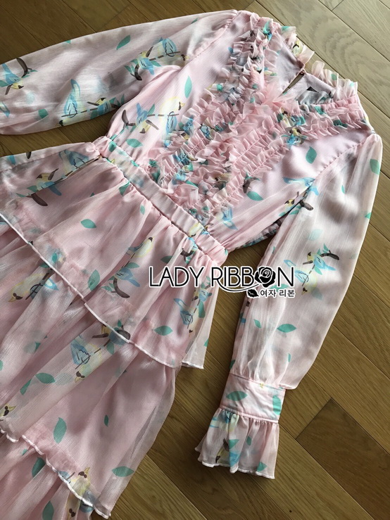 เดรสผ้าชีฟองสีชมพูพิมพ์ลายตกแต่งเลเยอร์