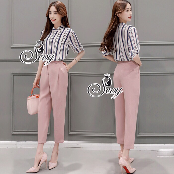 Sevy SV15060616 Best Seller-Restock ครบไซด์แล้วค่ะ 🎉Sevy Two Pieces Of Stripes Shirt With Pant Suit Sets Type: Shirt+Pants (Sets)