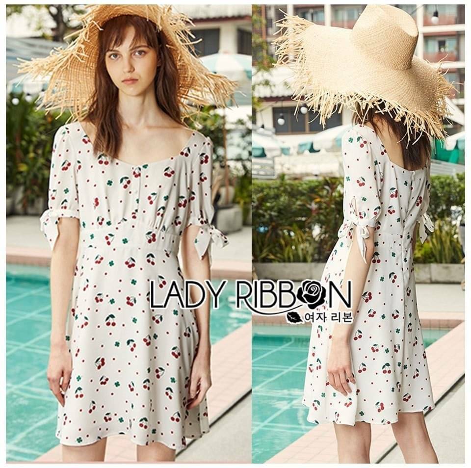 Mini Dress เดรสสั้นผ้าเครปสีขาวพิมพ์ลายเชอร์รี่