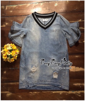 Lady Ribbon Online ขายส่งเสื้อผ้าออนไลน์ Very very pretty เสื้อผ้า VP04100816 Chic Denim Flared sleeves Dress