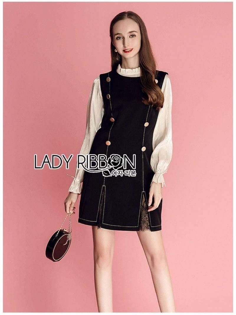 Dress เดรสสีดำทับเสื้อขาวตกแต่งกระดุมสองแถว