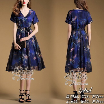 Lady Ribbon ออนไลน์ เสื้อผ้าออนไลน์ พร้อมส่งของแท้ ST07130716 🍀สินค้าพร้อมส่ง🍀 한국에 의해 설계된 2Sister Made, Navy Color Elegant Dress with Joyful Flowers Print