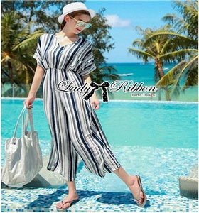 Lady Ribbon Stripped Viscose Jumpsuit จัมป์สูทขายาว