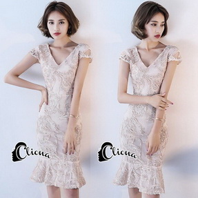 ชุดเดรสแขนสั้นคอวีหน้าหลัง