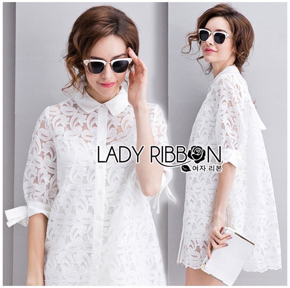 Lady Ribbon Online LR13020616 🎀 Lady Ribbon's Made 🎀 Lady Monica Sweet Minimal White Lace Shirt Dress