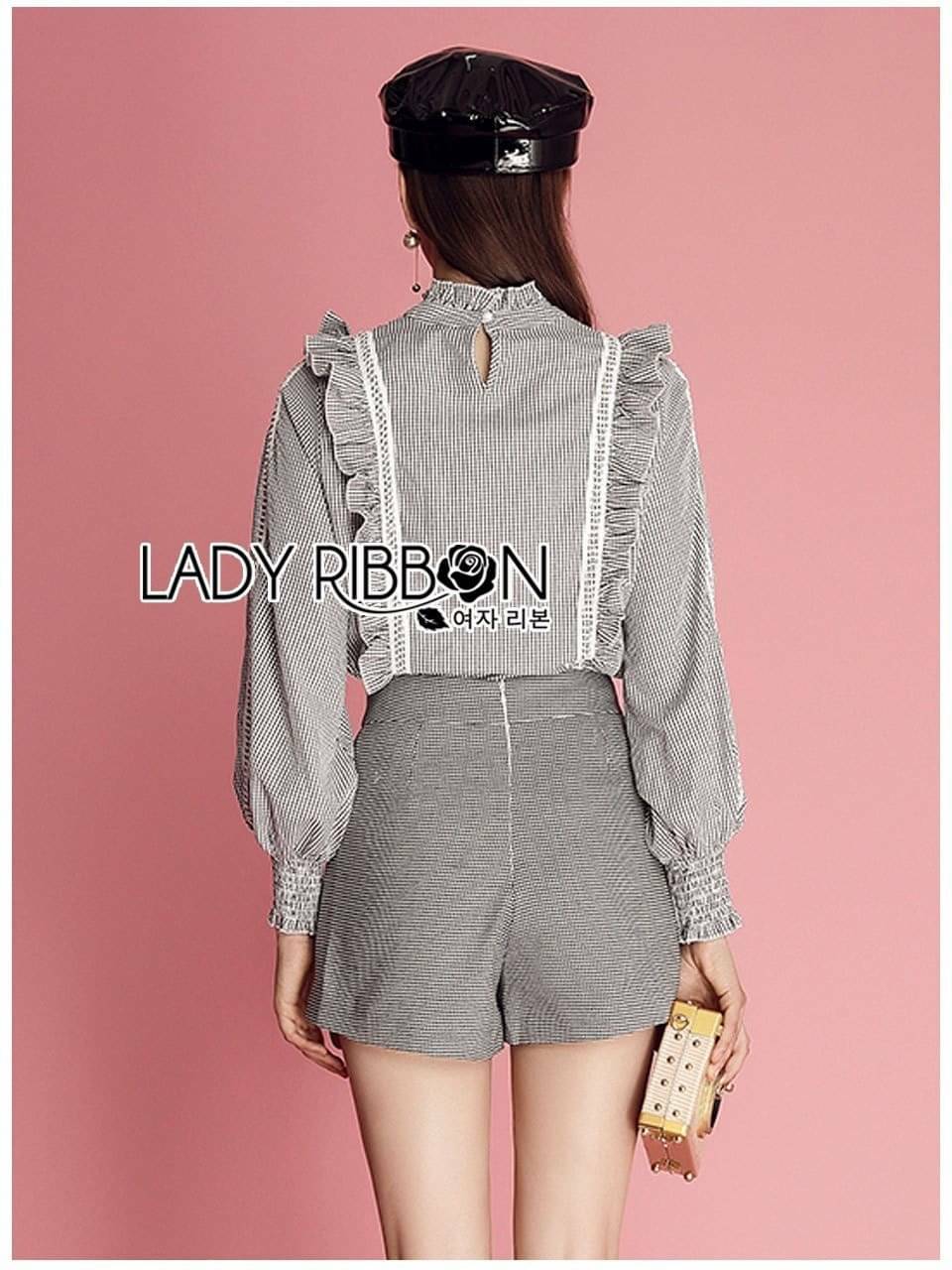 เซ็ตเสื้อแขนยาวผ้าลายสก็อตตกแต่งระบาย