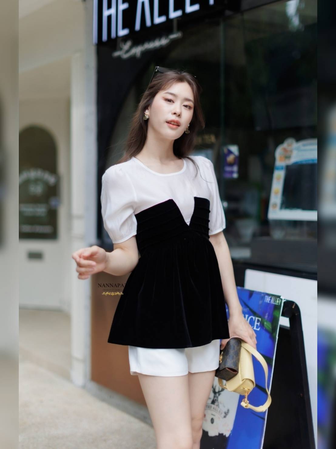 เดรสดำเสื้อทูโทน ผ้าชีฟอง