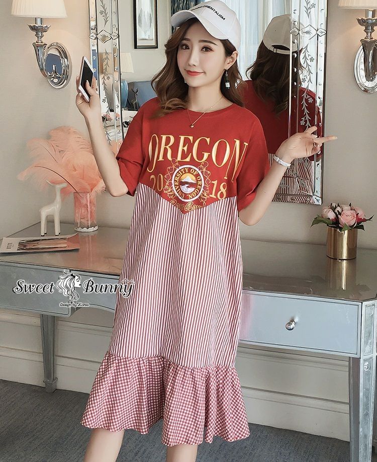 ชุดเดรสคอกลมแขนสั้น เดรสทรงตรงปล่อยๆ