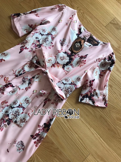 Sweet Feminine Floral Printed Pink Dress เดรสสีชมพู