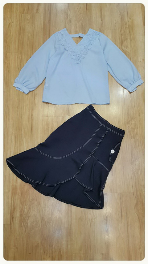 เสื้อกระโปรงเดนิมงานเกาหลีเสื้อผ้าพื้นสีฟ้า