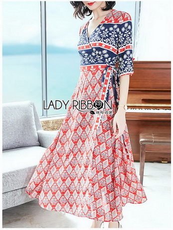 Lady Jane Red and Navy Printed Kimono Dress
