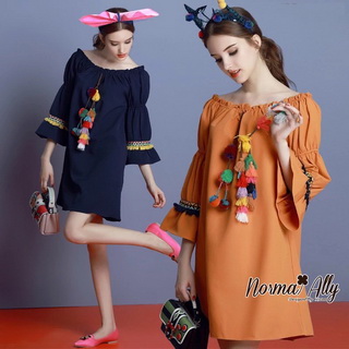 Normal Ally Present Korea rope pin style dress🎉 (เดรส, แต่งเชือกตุ้มเม้งสลับสี)