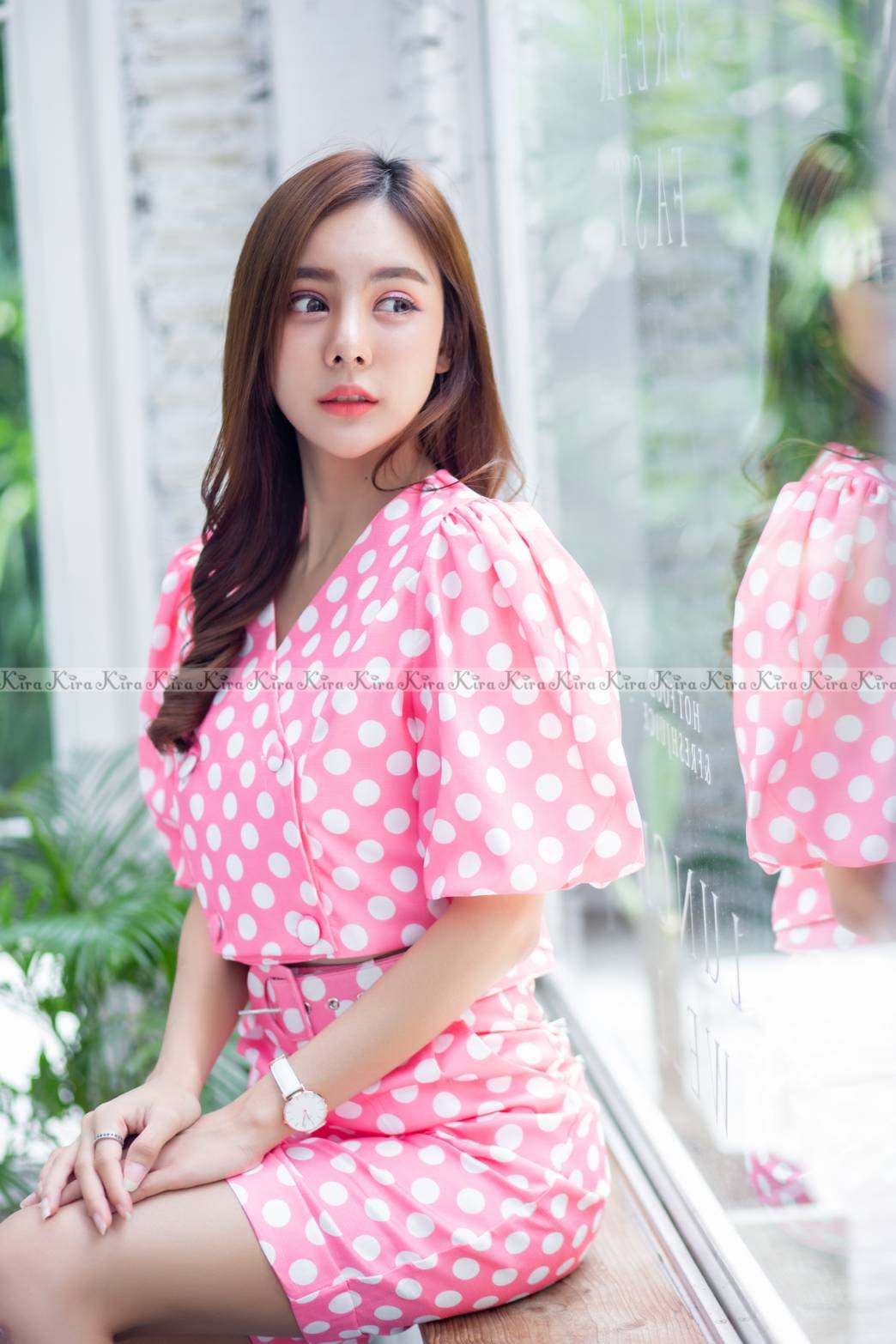 ชุดเซท เสื้อเนื้อผ้าลินินลายจุดคิ้วท์