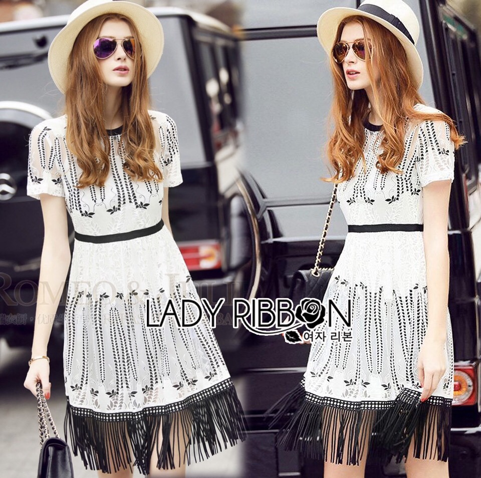 Lady Ribbon เสื้อผ้า LR08120516 🎀 Lady Ribbon's Made 🎀 Lady Courtney Urban Bohemian Embroidered Chiffon Fringed Dress