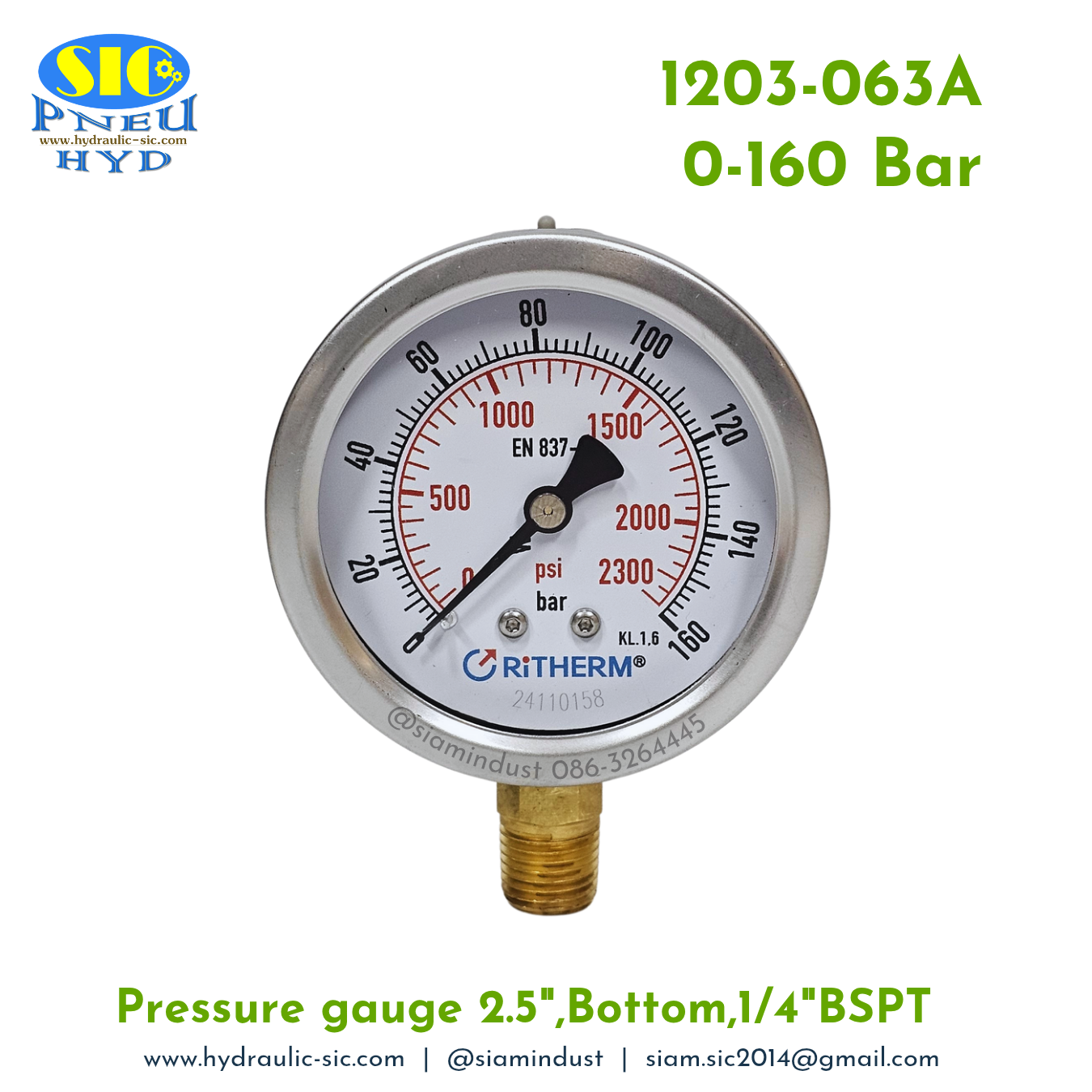 1203-063A Pressure Gauge เกจวัดแรงดันหน้าปัด 2.5" เกลียว 1/4"BSPT ออกข้าง RiTHERM