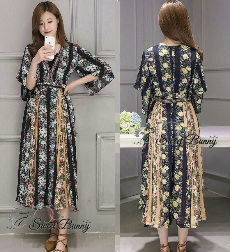 Lady Ribbon Online SB17020616 Sweet Bunny Present... Bow Accent Floral Long Sleeve Dress