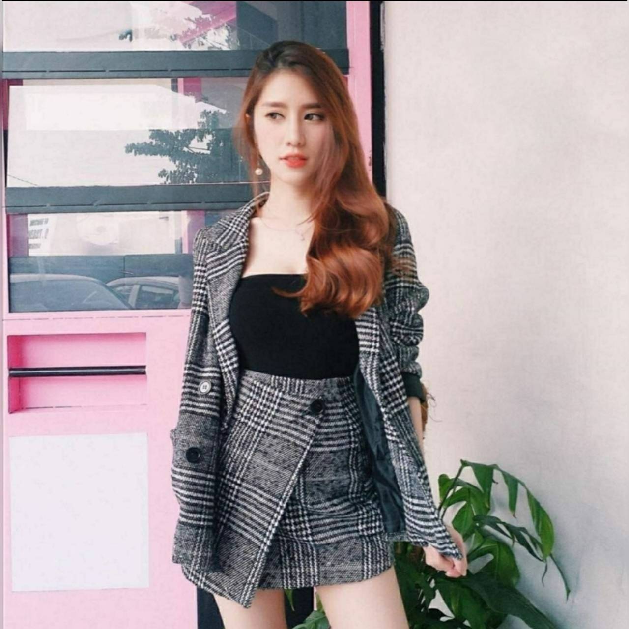 เสื้อสายเดี๋ยวผ้ายืด กระโปรงซิปหลัง