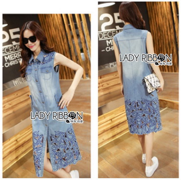 Lady Ribbon Online ขายส่งเสื้อผ้าออนไลน์ของแท้ LR17300616 🎀 Lady Ribbon's Made 🎀 Lady Shannon Embroidered and Laser-Cut Denim Shirt Dress