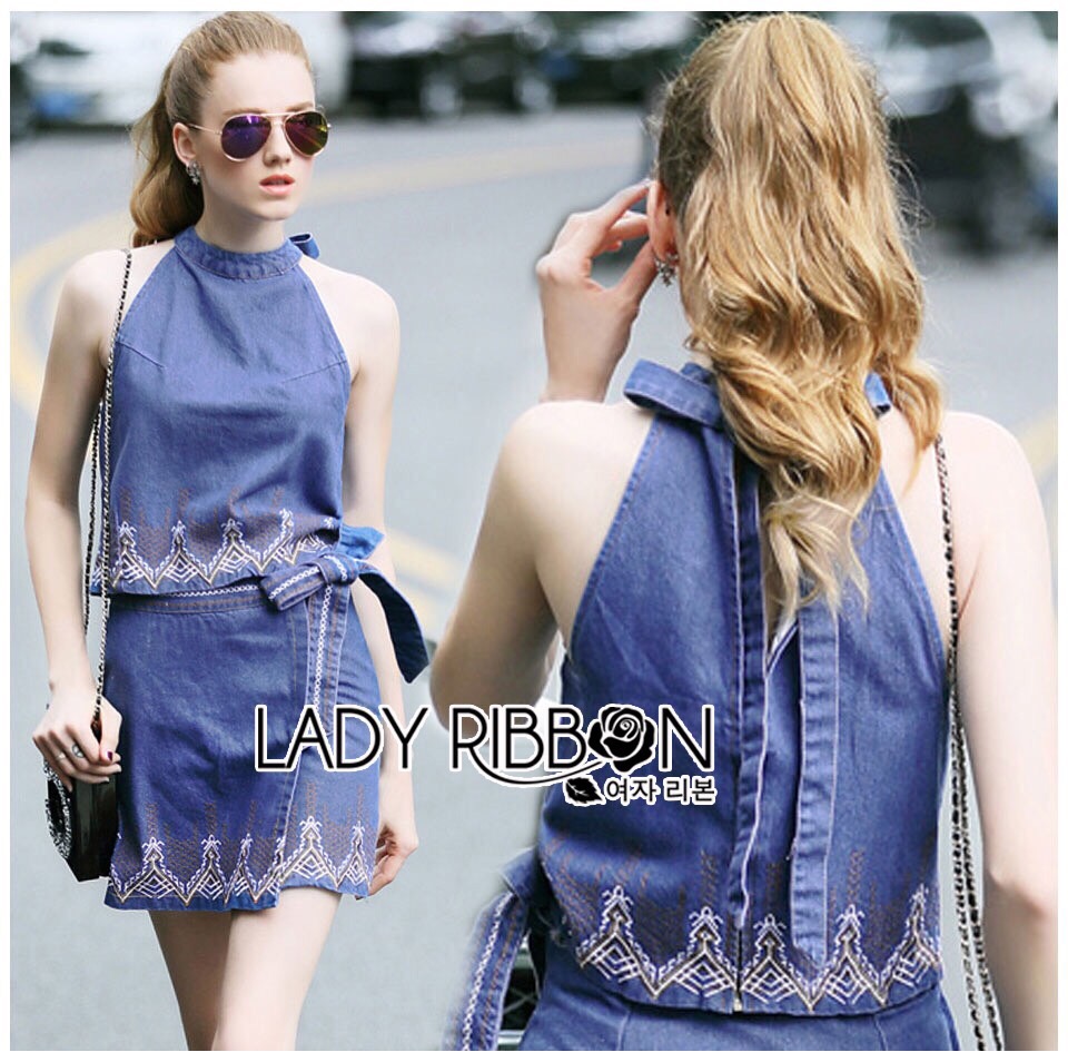 Lady Ribbon Online เสื้อผ้าออนไลน์ ขายส่ง LR07200616 🎀 Lady Ribbon's Made 🎀 Lady Esther Urban Tribal Embroidered Cropped Top and Skirt Set