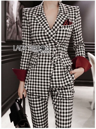 Chic Black and White Lady Ribbon Checked Suit