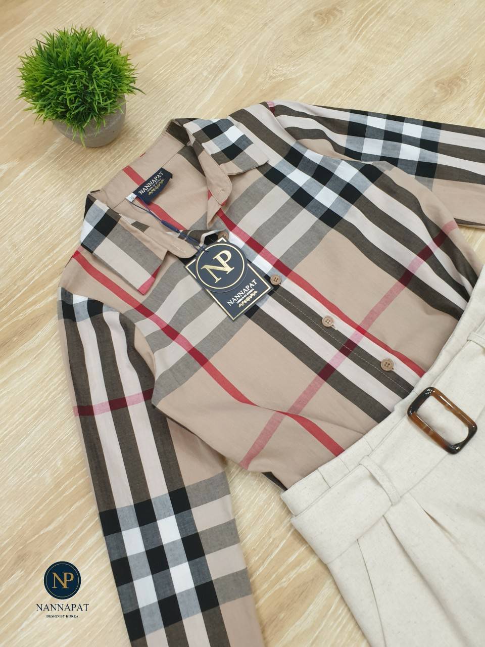 3ชิ้นเสื้อคอปกกระดุมหน้า ลายบลูเบอรี่