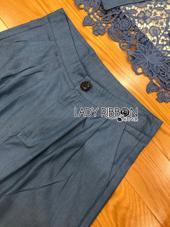 เซ็ตเสื้อผ้าลูกไม้ตกแต่งริบบิ้นพร้อมกางเกงขายาวสีน้ำเงินยีนส์