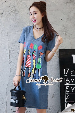 Lady Ribbon Online ขายส่ง เสื้อผ้าออนไลน์ ของแท้ SS02040716 Seoul Secret Say's .... Fashly Girl Print Denim Dress