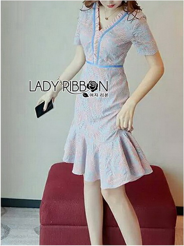 ชุดเดรสผ้าลูกไม้สีชมพูฟ้าพาสเทล