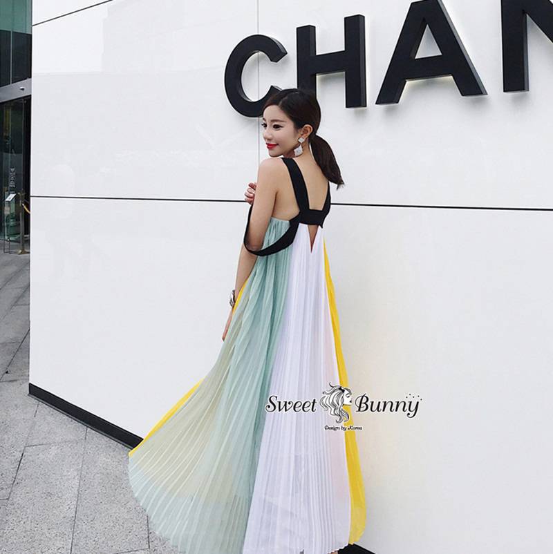 เดรสยาวอัดพีทงานแบรนด์เนมผ้าชีฟอง