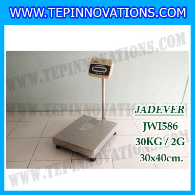 เครื่องชั่งดิจิตอลตั้งพื้น ยี่ห้อ JADEVER รุ่น JWI-586 ขนาดแท่น 30x40cm. พิกัดน้ำหนัก 30kg ค่าละเอียด 2g