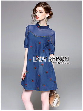Lady Ribbon Online ขายส่ง เสื้อผ้าออนไลน์ ของแท้ LR16040716 🎀 Lady Ribbon's Made 🎀 Lady Sasha Dark Blue See-thorough Rose Embroidered Denim Dress