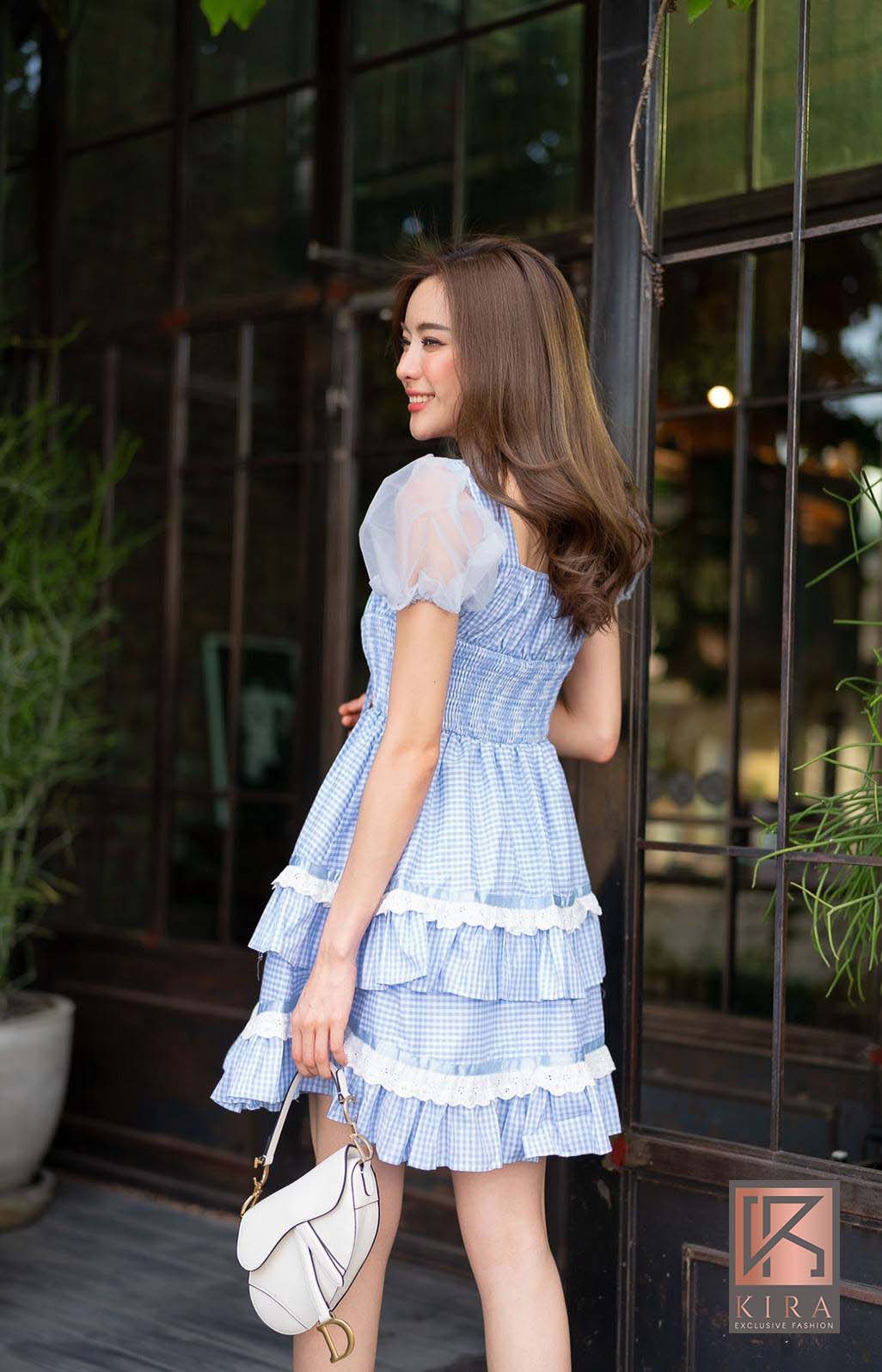 เดรสลายสก็อต แต่งเเขนทรงตุ๊กตา