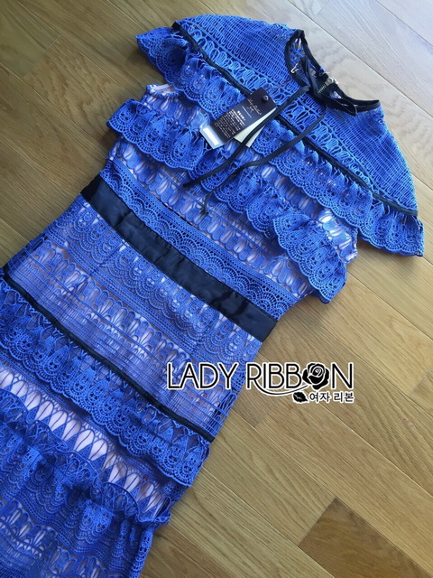 Midi Dress เดรสผ้าลูกไม้สีฟ้าตกแต่งโบว์