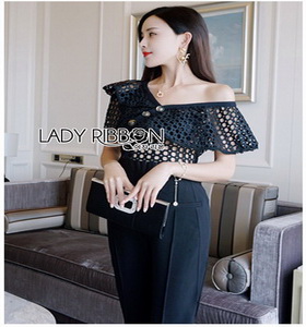Black Lace Frill Lady Ribbon Jumpsuit จัมป์สูท