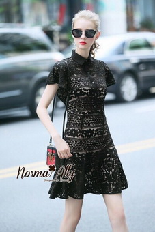 Lady Ribbon Online เสื้อผ้าออนไลน์ขายส่ง Normal Ally เสื้อผ้า,NA11220816 🎉Normal Ally Present Elegance sleeve black lace lotus leaf swing🎉 (เดรสผ้าลูกไม้, มีซับในอย่างดี)