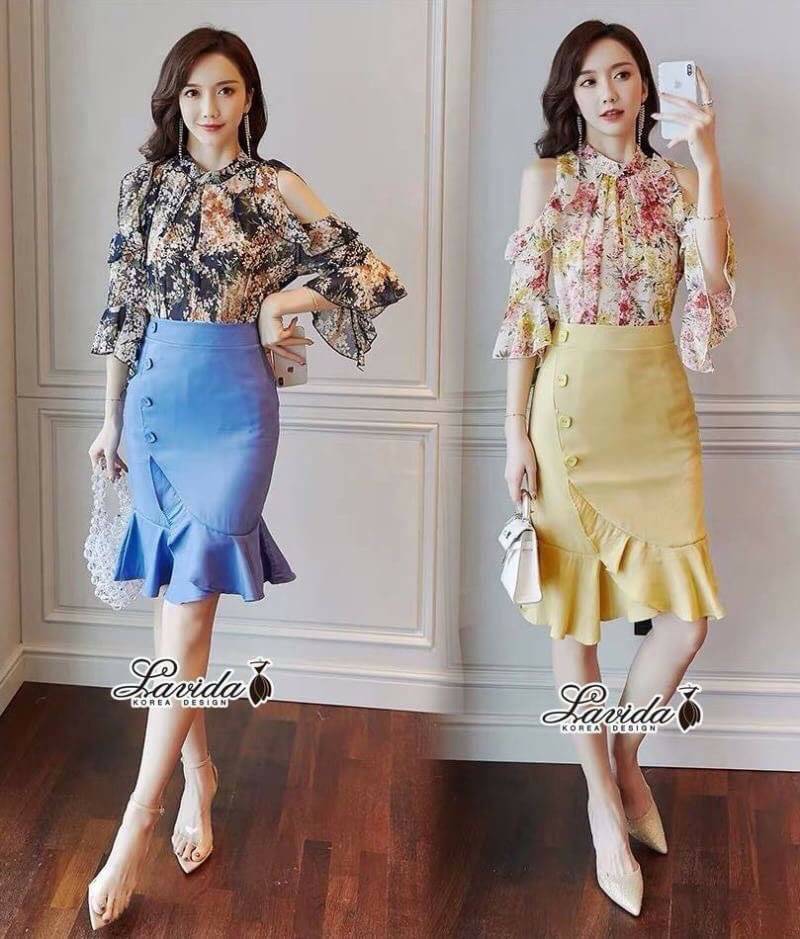 เสื้อ+กระโปรง ตัวเสื้อลายดอกไม้แขนทรงระบาย