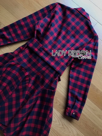 Red Tartan Ruffle Lady Ribbon Shirt Dress