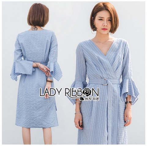 เดรสผ้าคอตตอนสีฟ้าลายทางแขนระบาย