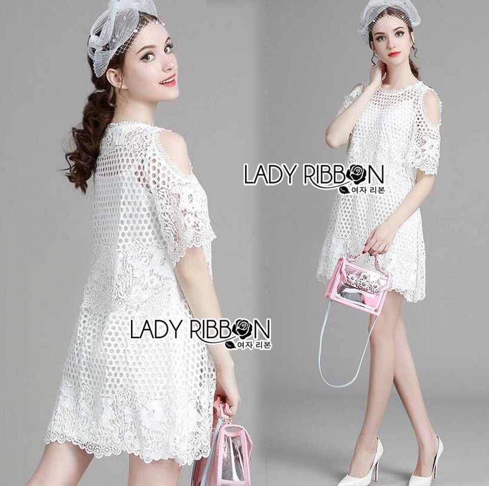 Lady Ribbon Online เสื้อผ้าออนไลน์ ขายส่ง LR13200616 🎀 Lady Ribbon's Made 🎀 Lady Sasha Pure Crystal Embellished See-Through Cut-Out White Lace Dress