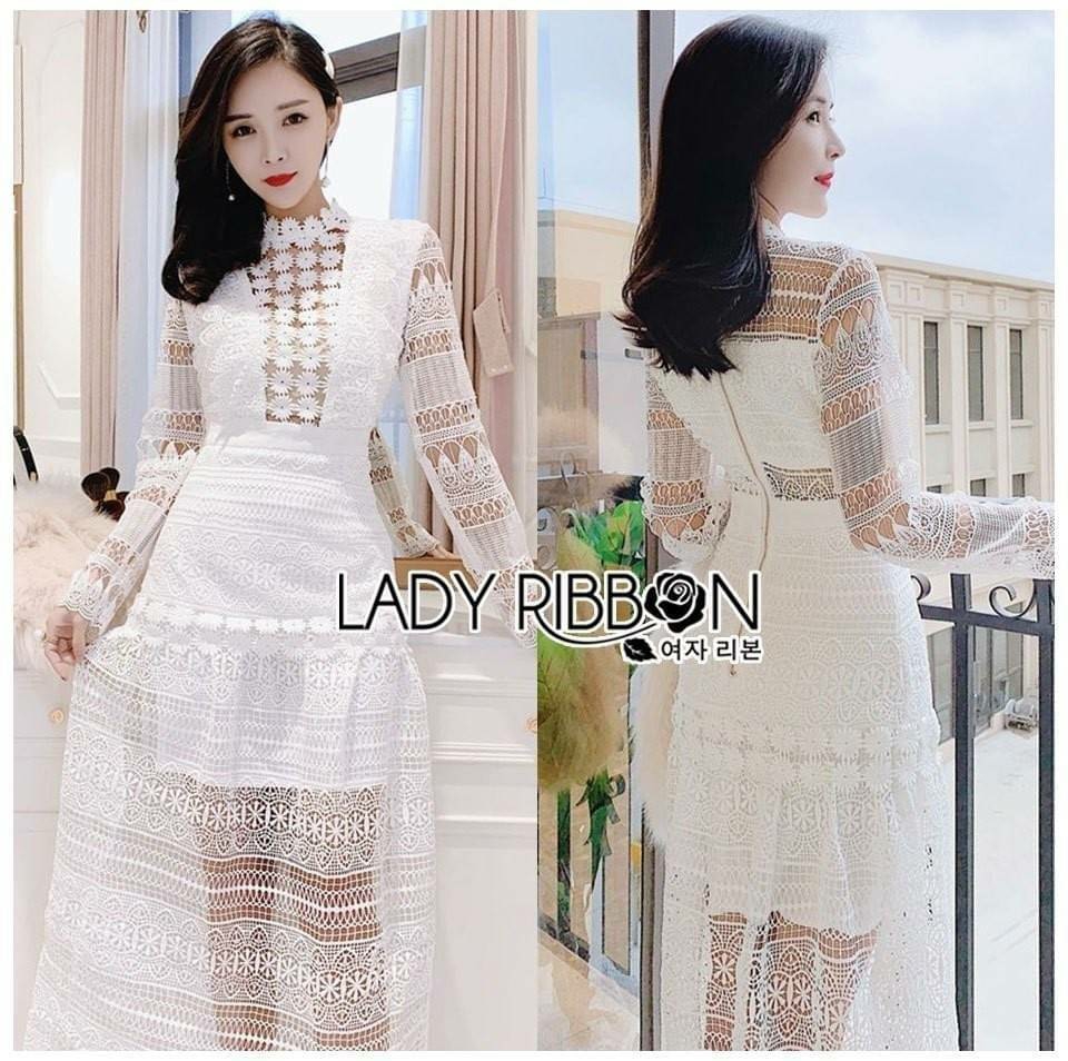 เดรสยาวผ้าลูกไม้สีขาวสุดหรู