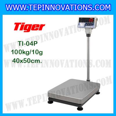 เครื่องชั่งน้ำหนักดิจิตอล พร้อมปริ้นเตอร์ในตัว พิกัด100kg ค่าละเอียด 10g ยี่ห้อ TIGER รุ่น TI-04P ขนาดแท่น 40x50cm. เครื่องชั่งแบบ Build in Printer