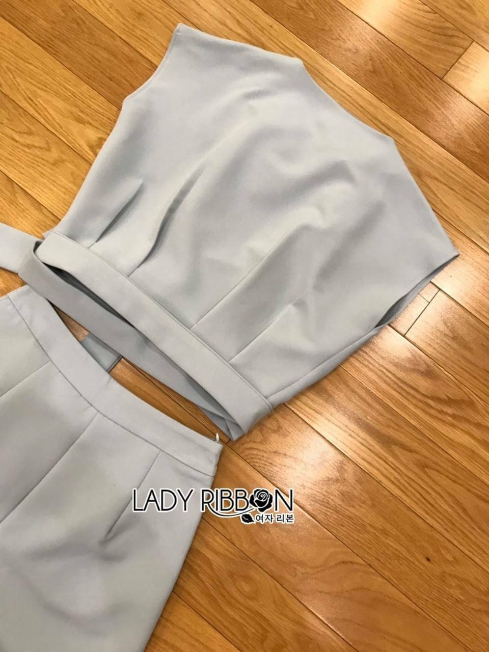 เซ็ตเสื้อแขนกุดผูกเอวและกางเกงผ้าคอตตอนสีฟ้าอมเขียว