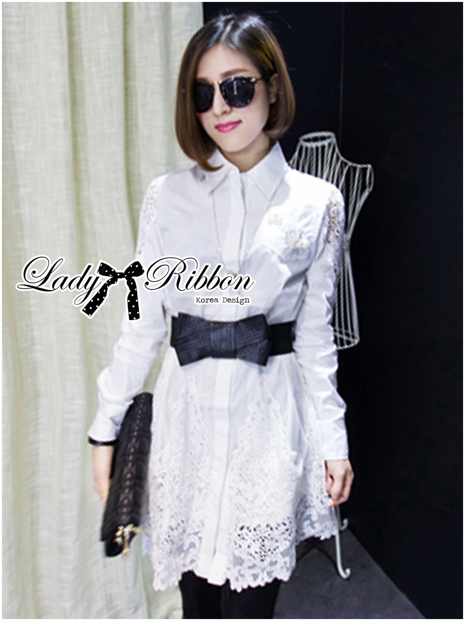 Lady Ribbon Shirt Dress ส่งเสื้อเชิ้ตเดรสขาวปักมุกมีราคาตกแต่งผ้าลูกไม้พร้อมเข็มขัด lady ribbon ตัวนี้เป็นแนวหวาน