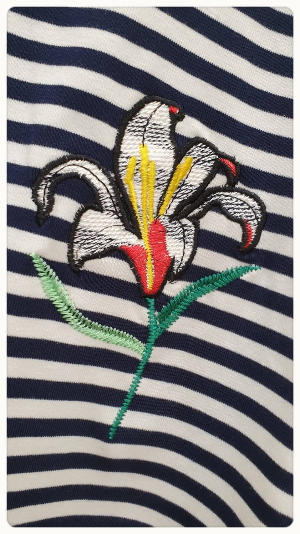เสื้อยืดลายริ้วคอกลมแขนสั้น