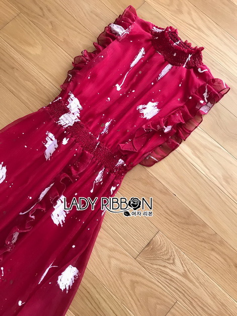 เดรสยาวผ้าชีฟองสีแดงพิมพ์ลายตกแต่งระบาย