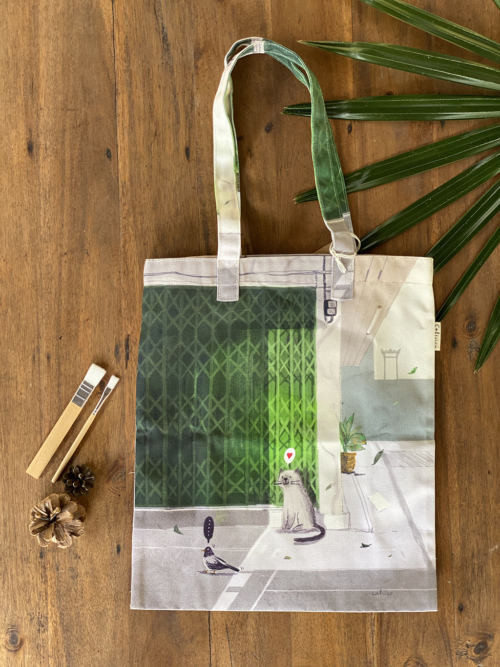 กระเป๋าผ้าลายแมวนั่งนอนยืน Tote print cat action